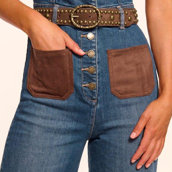 777. RAMY BROOK Claudette Fauxe Suede Trim Denim Jumpsuit Wide Leg $545 - Picture 4 of 5